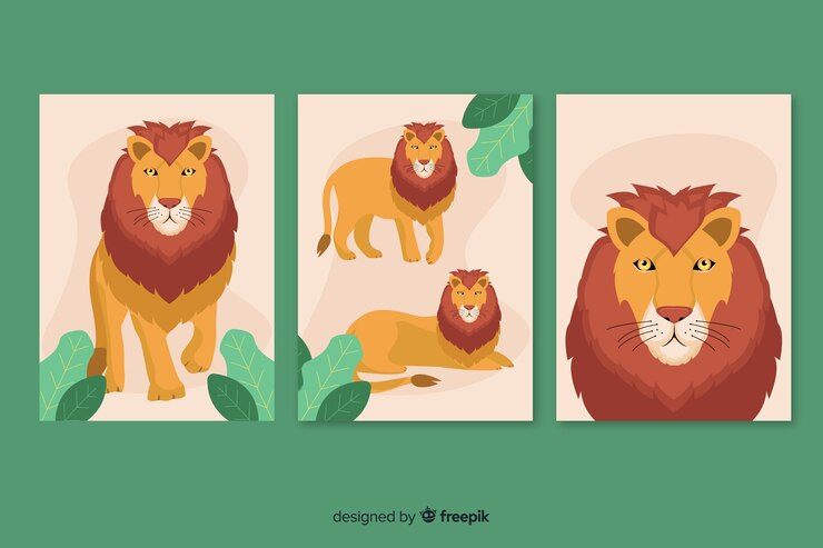Vector gratuito colección tarjetas león diseño plano