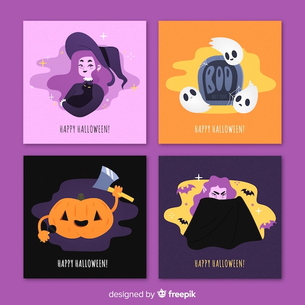 Vector gratuito colección de tarjetas modernas de halloween en diseño plano