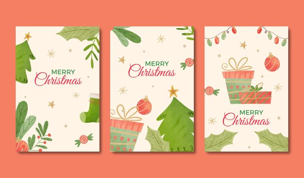 Colección de tarjetas navideñas ornamentales en acuarela