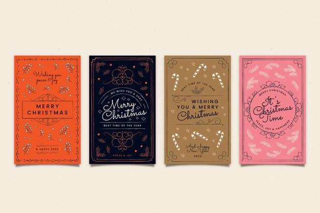 Colección tarjetas navideñas ornamentales dibujadas a mano