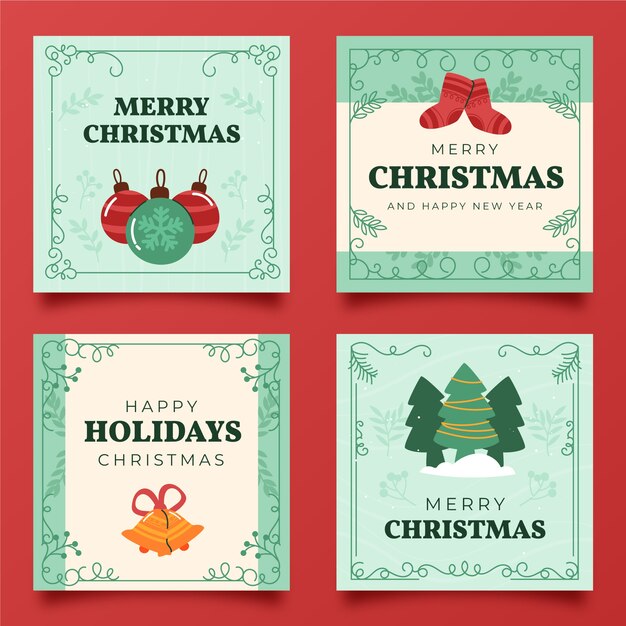 Colección tarjetas navideñas ornamentales dibujadas a mano