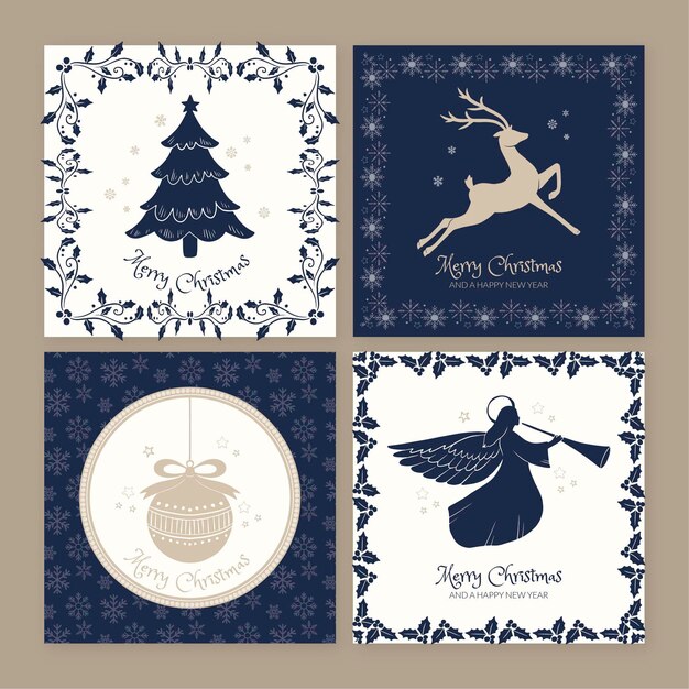 Colección tarjetas navideñas ornamentales dibujadas a mano
