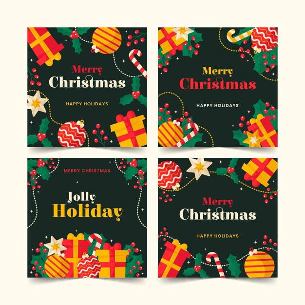 Colección tarjetas navideñas ornamentales planas dibujadas a mano