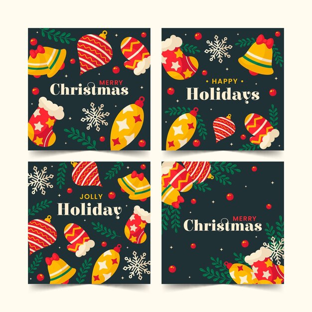 Colección tarjetas navideñas ornamentales planas dibujadas a mano