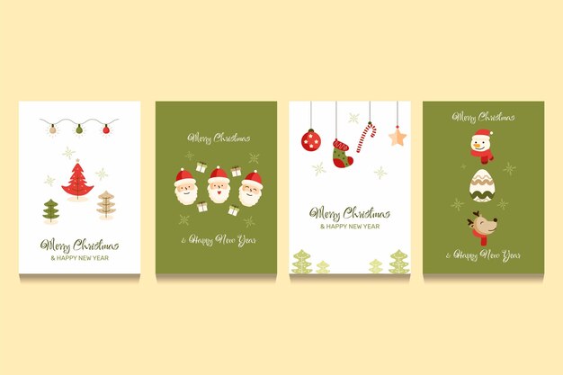 Colección tarjetas navideñas ornamentales planas dibujadas a mano
