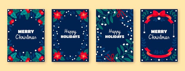 Colección tarjetas navideñas ornamentales planas dibujadas a mano