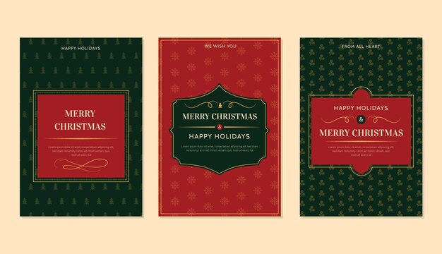 Colección tarjetas navideñas ornamentales planas dibujadas a mano