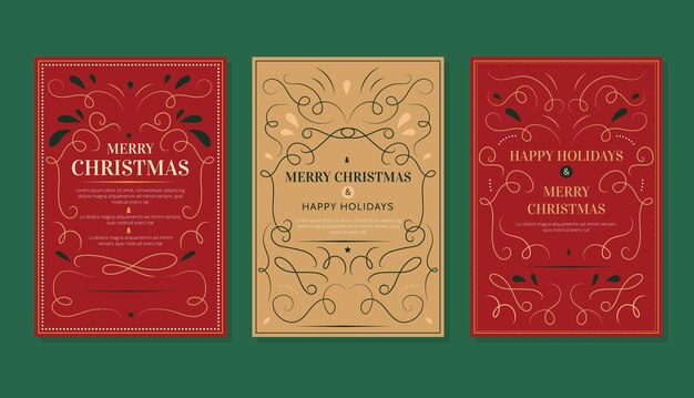 Colección tarjetas navideñas ornamentales planas dibujadas a mano