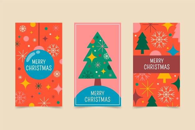 Colección tarjetas navideñas ornamentales planas dibujadas a mano