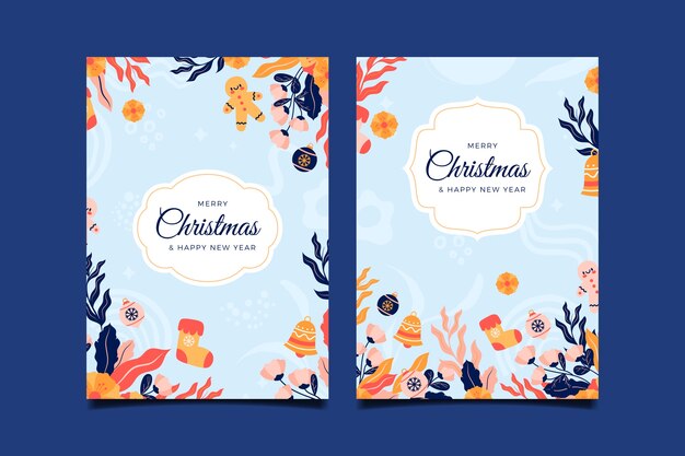 Colección tarjetas navideñas ornamentales planas dibujadas a mano