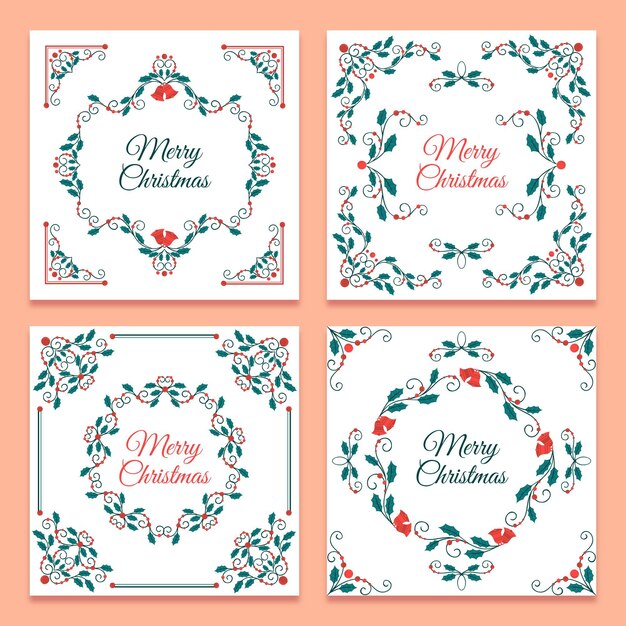 Colección tarjetas navideñas ornamentales planas dibujadas a mano