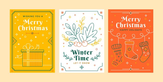 Colección de tarjetas navideñas planas line art