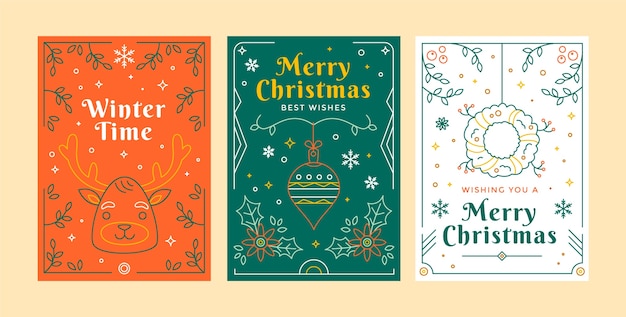 Colección de tarjetas navideñas planas line art