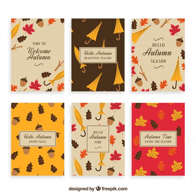 Colección de tarjetas otoñales dibujadas a mano