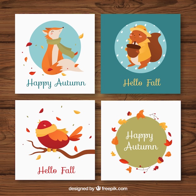 Vector gratuito colección de tarjetas de otoño con animales