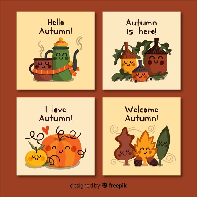 Colección de tarjetas de otoño dibujadas a mano