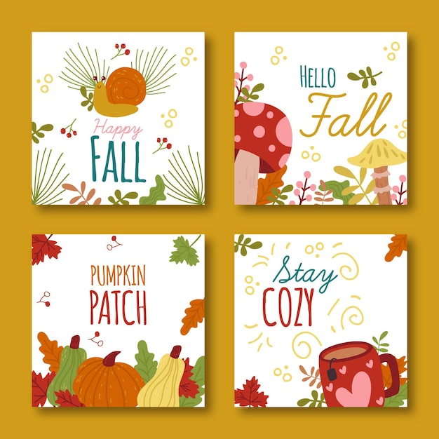 Vector gratuito colección de tarjetas de otoño dibujadas a mano