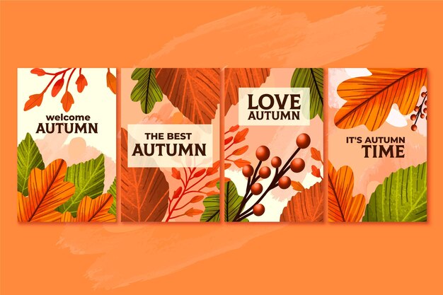Colección de tarjetas de otoño dibujadas a mano