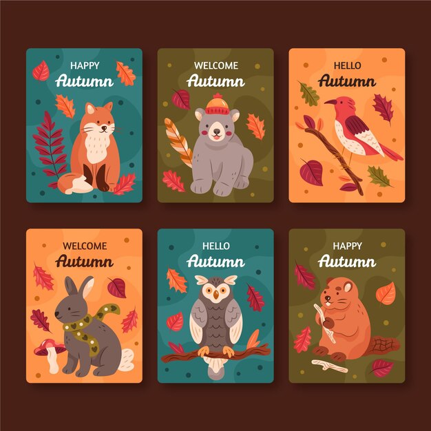 Colección de tarjetas de otoño dibujadas a mano