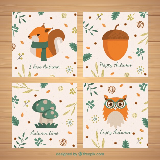 Colección de tarjetas de otoño con diseño plano