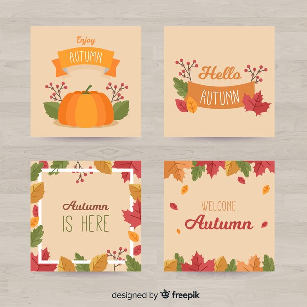Colección de tarjetas de otoño de diseño plano.