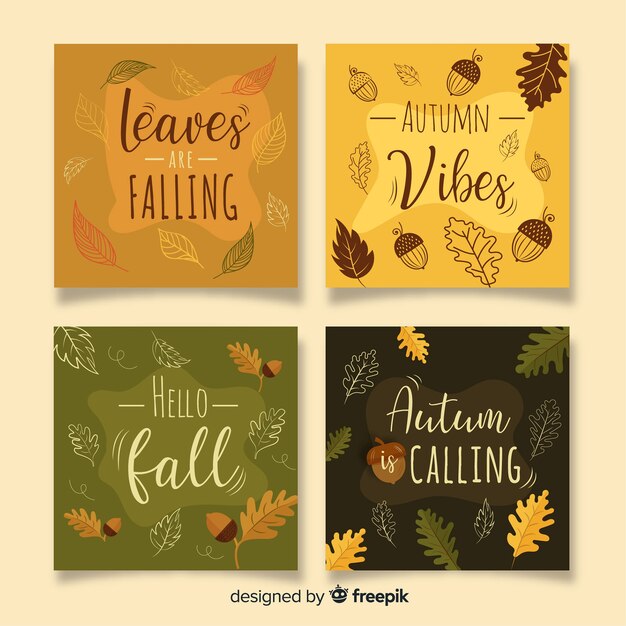 Colección de tarjetas de otoño de diseño plano.