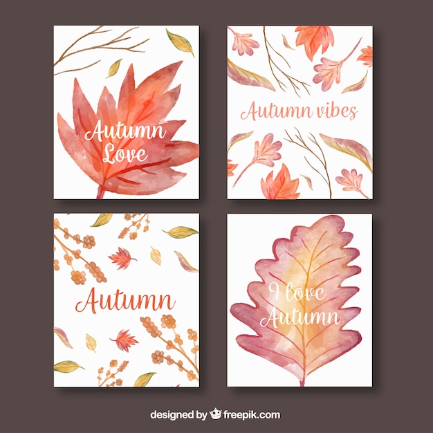 Vector gratuito colección de tarjetas de otoño con hojas de acuarela