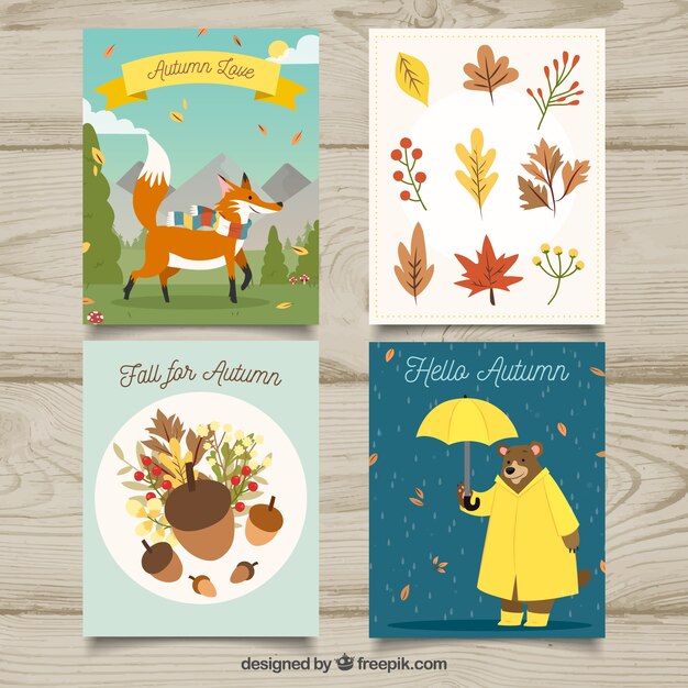 Colección de tarjetas de otoño con hojas y animales
