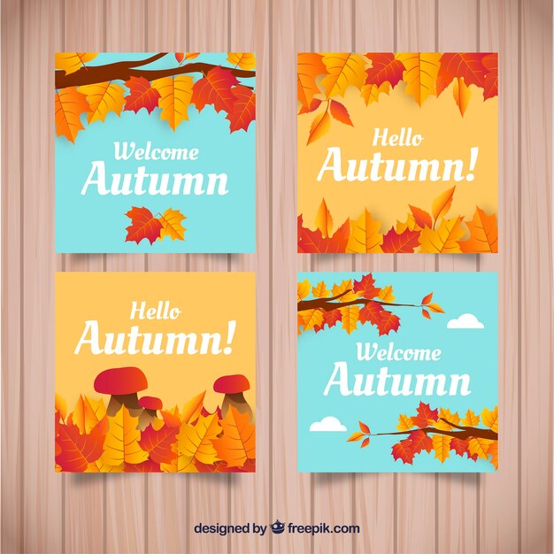 Vector gratuito colección de tarjetas de otoño con hojas coloridas