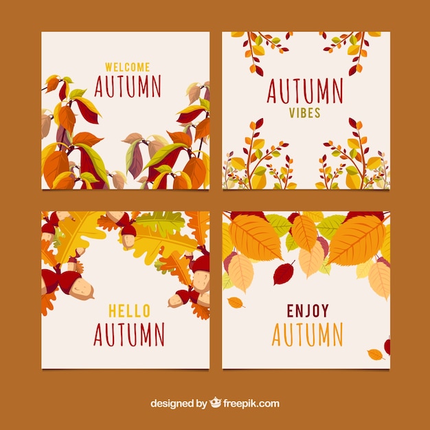 Colección de tarjetas de otoño con hojas coloridas