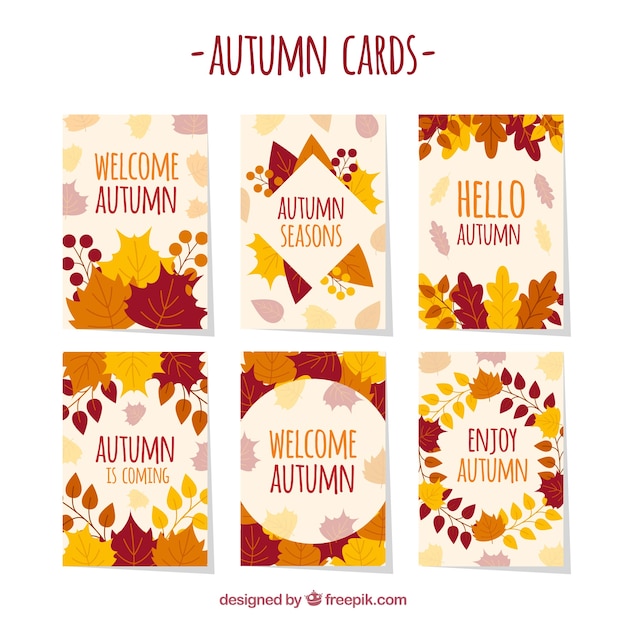 Colección de tarjetas de otoño con hojas coloridas