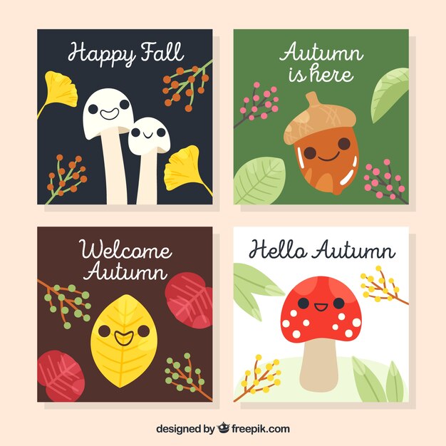 Colección de tarjetas de otoño con lindas caricaturas