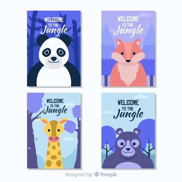 Colección tarjetas planas animales salvajes