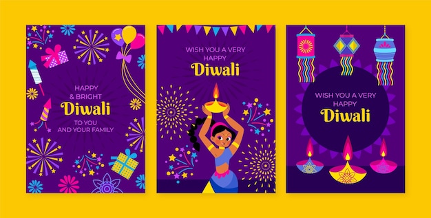 Colección de tarjetas planas para la celebración de diwali