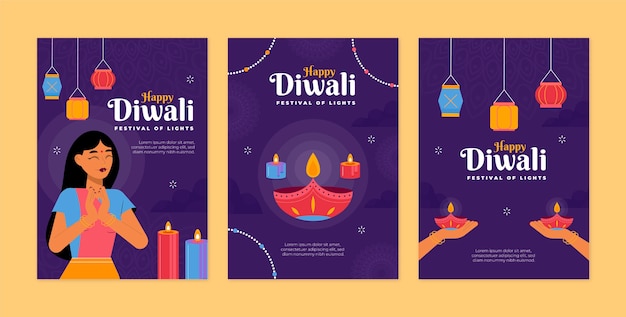 Colección de tarjetas planas para la celebración de diwali