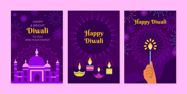 Vector gratuito colección de tarjetas planas del festival de diwali