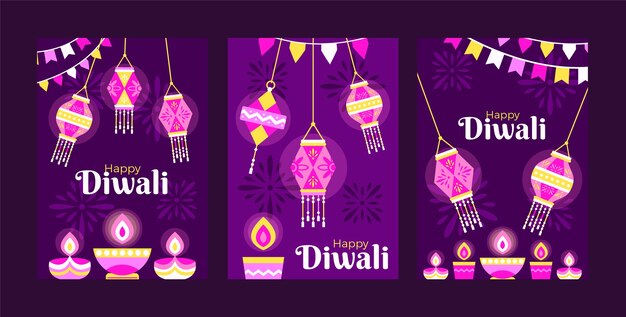 Colección de tarjetas planas del festival de diwali