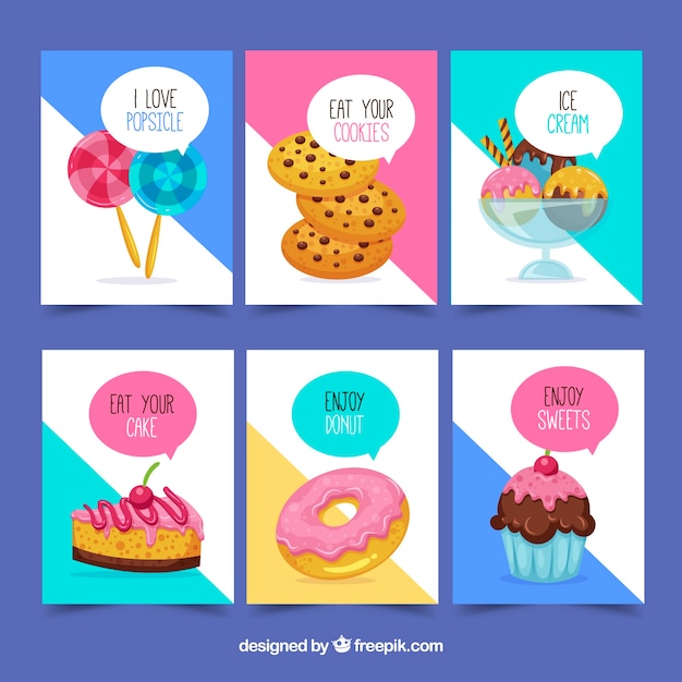 Colección de tarjetas de postres con diseño plano