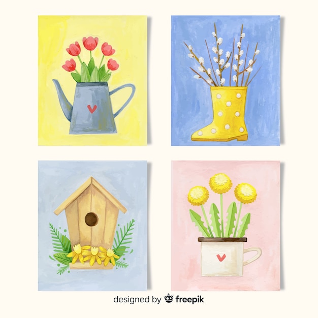 Colección de tarjetas de primavera de acuarela