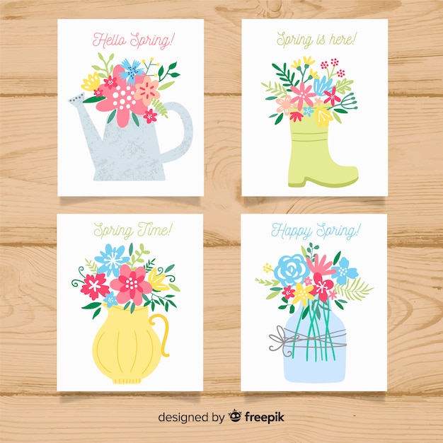 Colección tarjetas primavera elementos jardinería dibujados a mano
