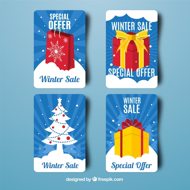 Vector gratuito colección de tarjetas de rebajas de invierno azules