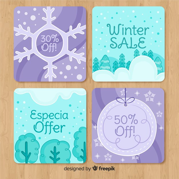 Colección tarjetas rebajas invierno dibujadas a mano