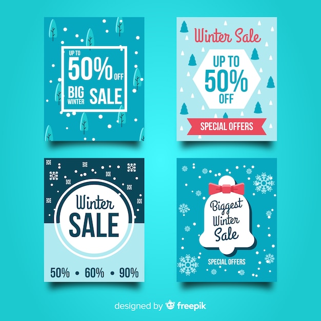 Vector gratuito colección tarjetas rebajas invierno planas