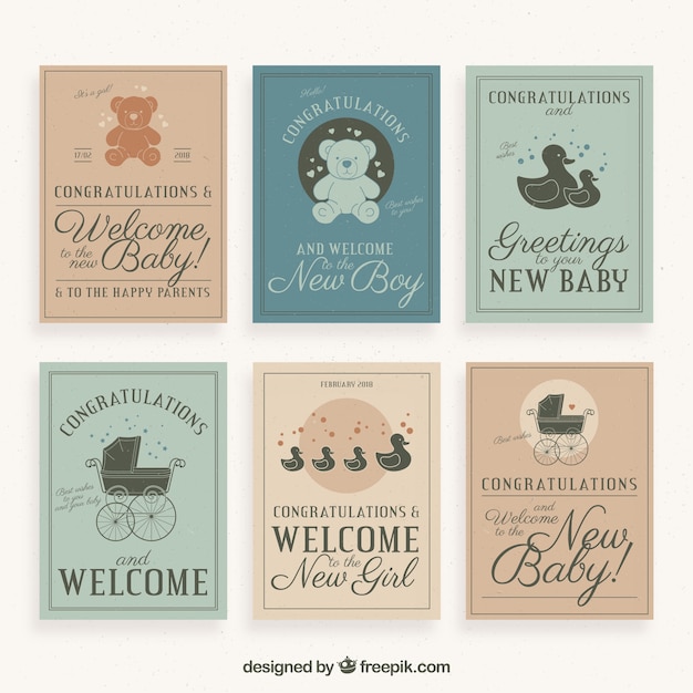 Vector gratuito colección tarjetas retro de felicitación de bienvenida al bebé