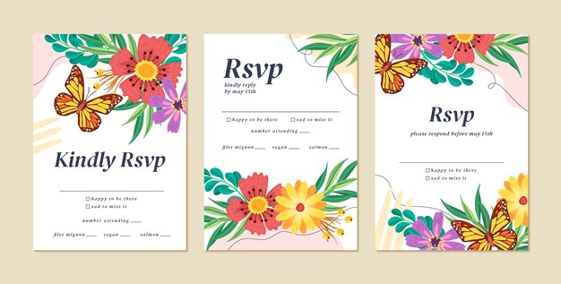 Colección de tarjetas rsvp dibujadas a mano