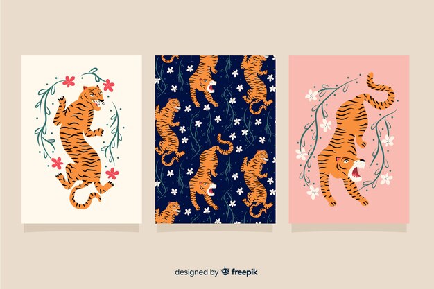 Colección de tarjetas de tigre dibujadas a mano