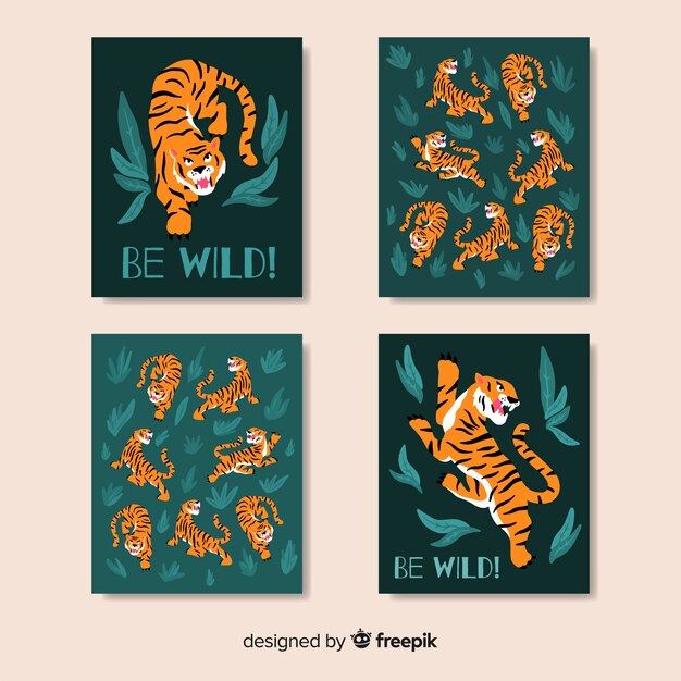 Colección tarjetas tigre salvaje diseño plano