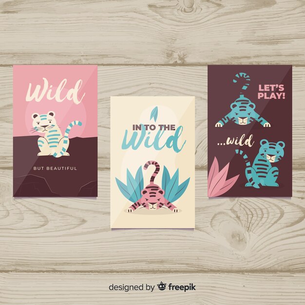 Colección tarjetas tigre salvaje diseño plano