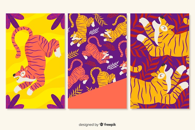 Colección tarjetas tigres dibujadas a mano