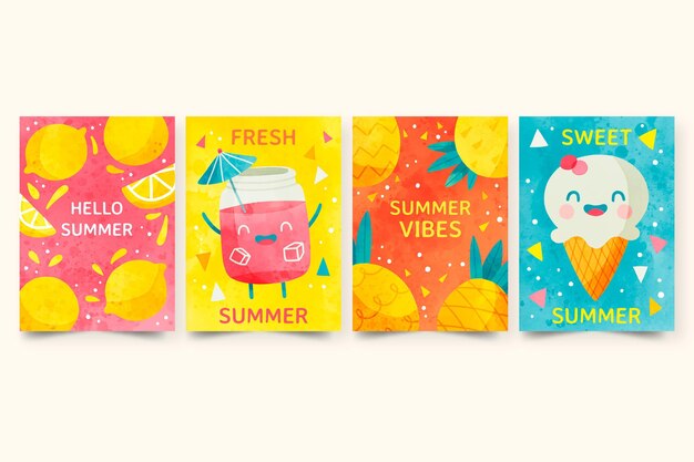 Colección de tarjetas de verano en acuarela pintadas a mano